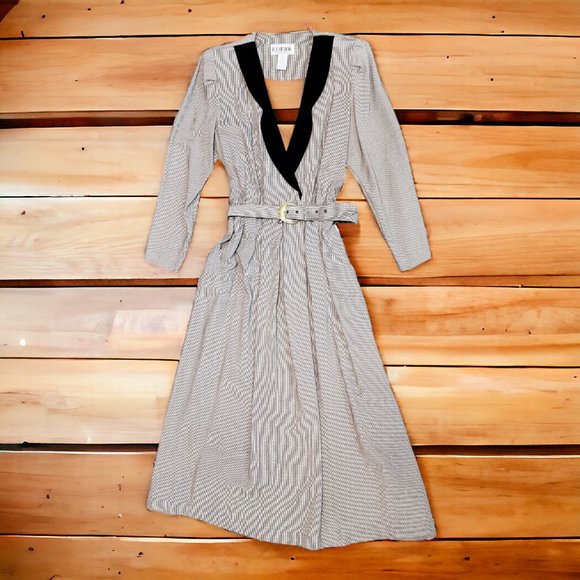 Vintage '80s R.J. Stevens by Carol Escritor Sz 12 Black/White Herringbone Dress - Picture 2 of 10